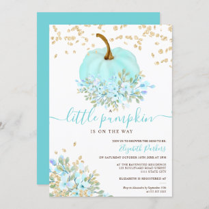 gold blue floral pumpkin watercolor baby shower invitation
