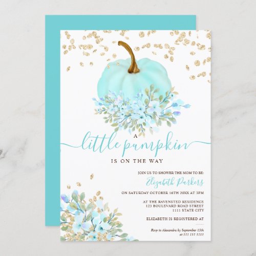 gold blue floral pumpkin watercolor baby shower invitation