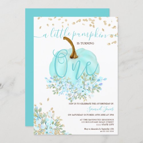 gold blue floral pumpkin watercolor first birthday invitation