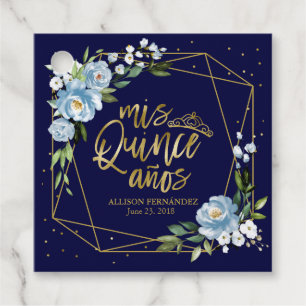 Gold Blue Floral Quinceanera Favor Tags