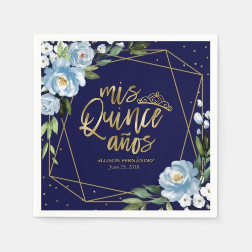 Gold Blue Floral Quinceanera Napkins