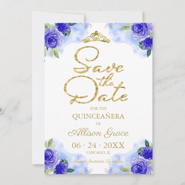 Gold Blue Floral Quinceanera Save The Date Invitation (Front)