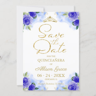 Gold Blue Floral Quinceanera Save The Date Invitation
