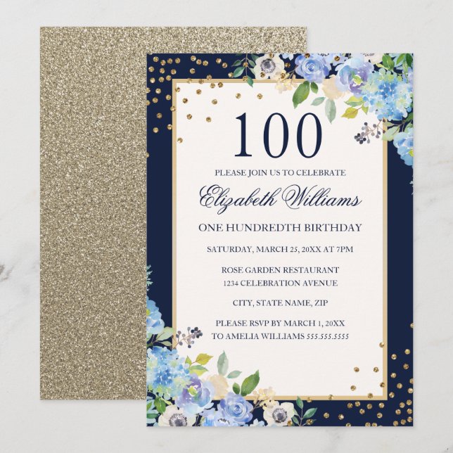 Gold Blue floral Sparkle 100th Birthday Invitation (Front/Back)