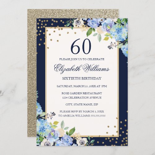Gold Blue floral Sparkle 60th Birthday Invitation