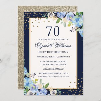 Gold Blue Floral Sparkle 70th Birthday Invitation by LittleBayleigh at Zazzle