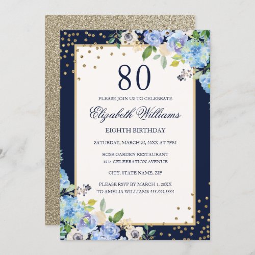 Gold Blue floral Sparkle 80th Birthday Invitation