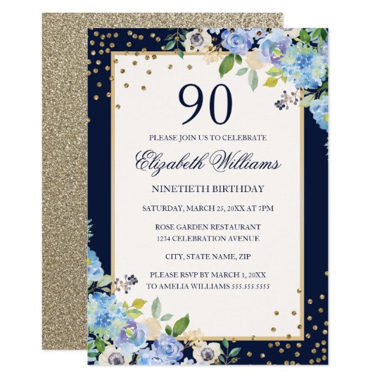 Gold Blue floral Sparkle 90th Birthday Invitation | Zazzle.com