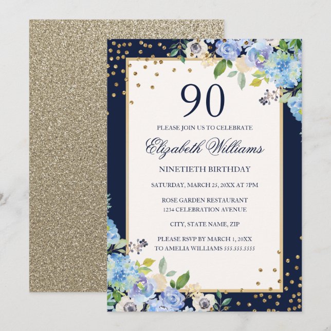 Gold Blue floral Sparkle 90th Birthday Invitation (Front/Back)