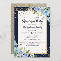 Gold Blue Floral Sparkle Christmas Party Invitation