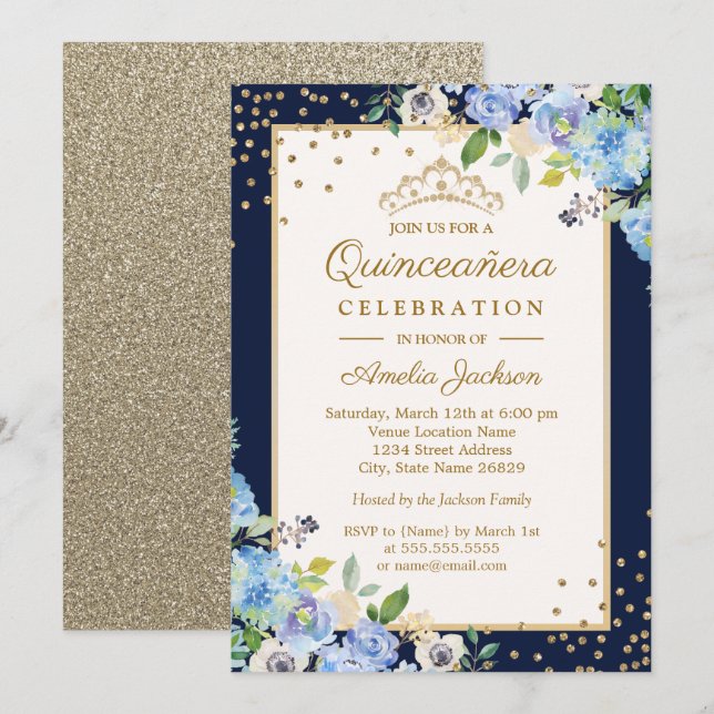 Gold Blue floral Sparkle Quinceanera Invitation (Front/Back)