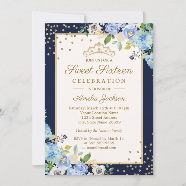Gold Blue floral Sparkle Sweet Sixteen Invite (Front)