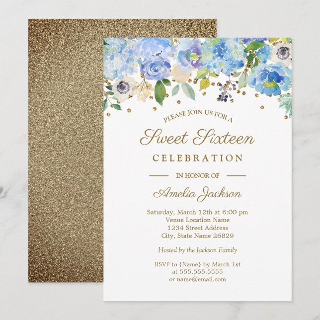 Gold Blue Floral Watercolor Sweet Sixteen Invite (Front/Back)