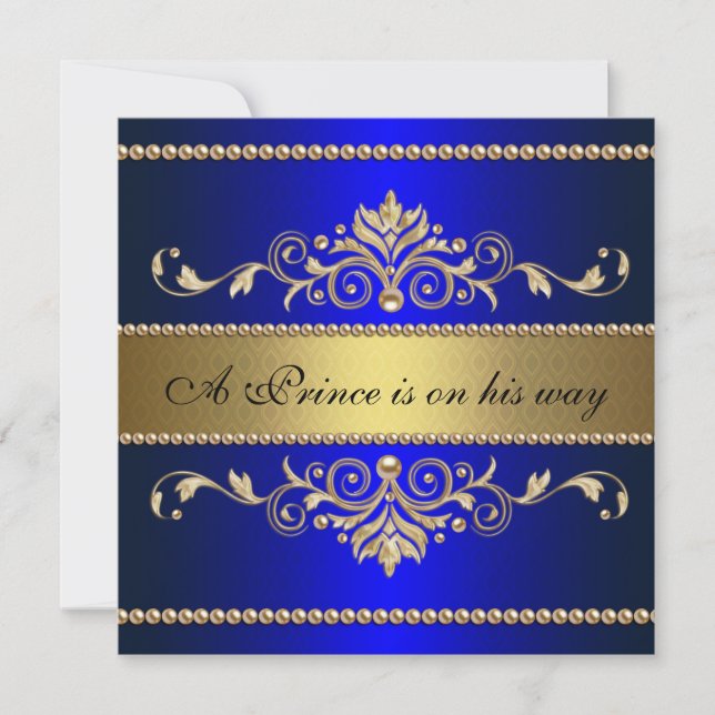 Gold Blue Flourish Pattern Boy Baby Shower Invitation (Front)