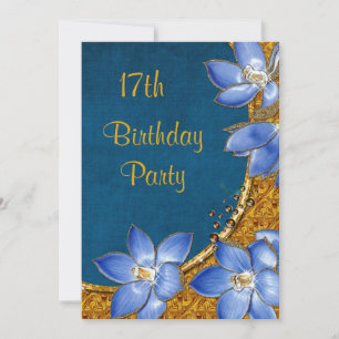 Gold & Blue Flowers 17th Birthday Invitation