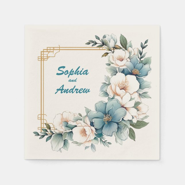 Gold Blue Flowers 2: Personalized Wedding Napkins (Front)