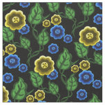 Gold/blue flowers/green leaves/Folk  floral/black Fabric
