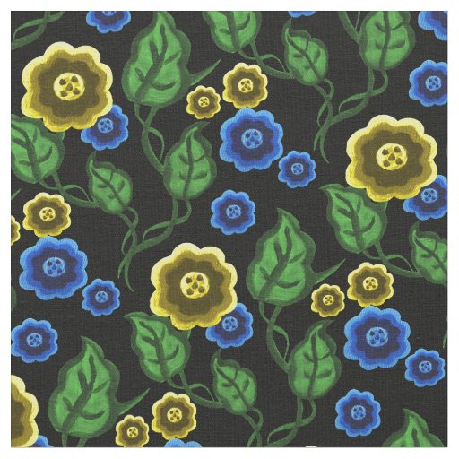 Gold/blue flowers/green leaves/Folk  floral/black Fabric