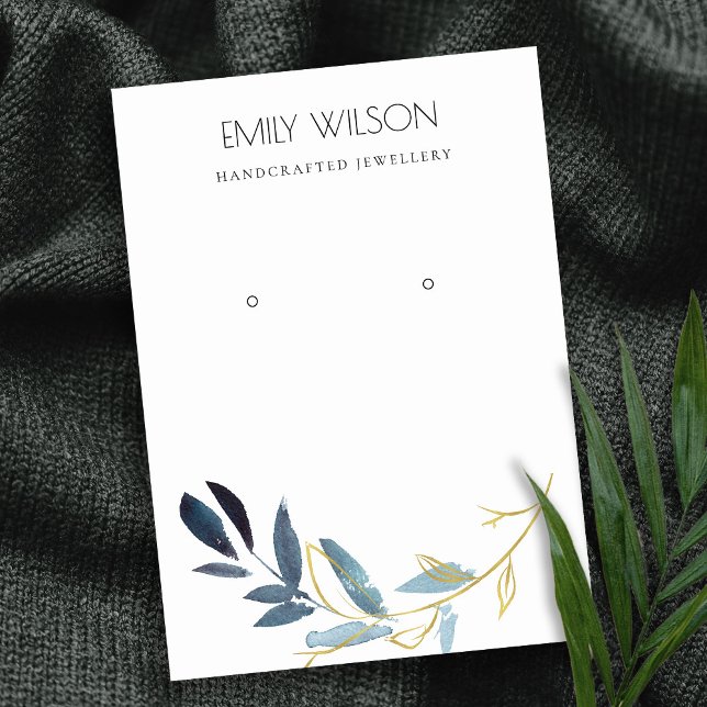 GOLD BLUE FOLIAGE WATERCOLOR EARRING DISPLAY LOGO BUSINESS CARD (Creator Uploaded)