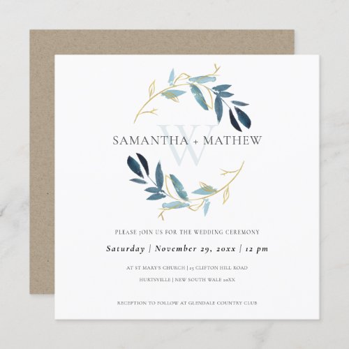 GOLD BLUE FOLIAGE WATERCOLOR WASH WREATH WEDDING INVITATION