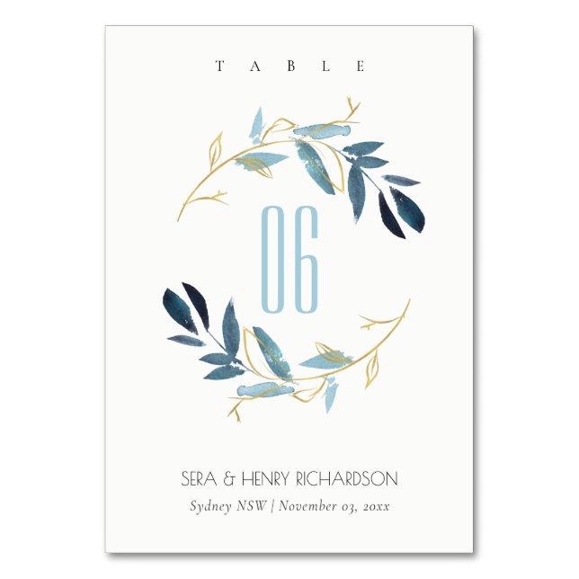 GOLD BLUE FOLIAGE WATERCOLOR WASH WREATH WEDDING TABLE NUMBER (Front)