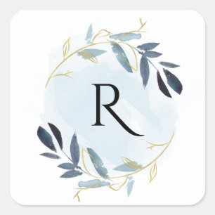 GOLD BLUE FOLIAGE WATERCOLOR WREATH MONOGRAM SQUARE STICKER