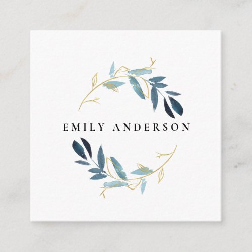 GOLD BLUE FOLIAGE WATERCOLOR WREATH PROFESSIONAL SQUARE BUSINESS CARD