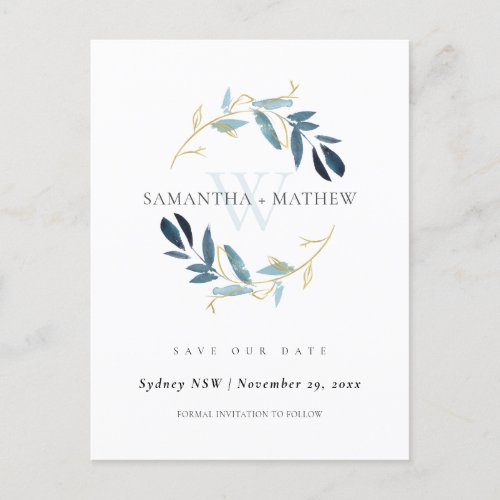 GOLD BLUE FOLIAGE WATERCOLOR WREATH SAVE THE DATE ANNOUNCEMENT POSTCARD