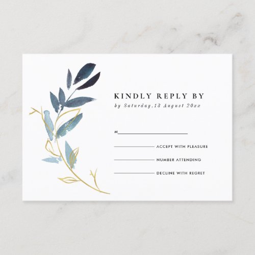 GOLD BLUE FOLIAGE WATERCOLOR WREATH WEDDING RSVP ENCLOSURE CARD