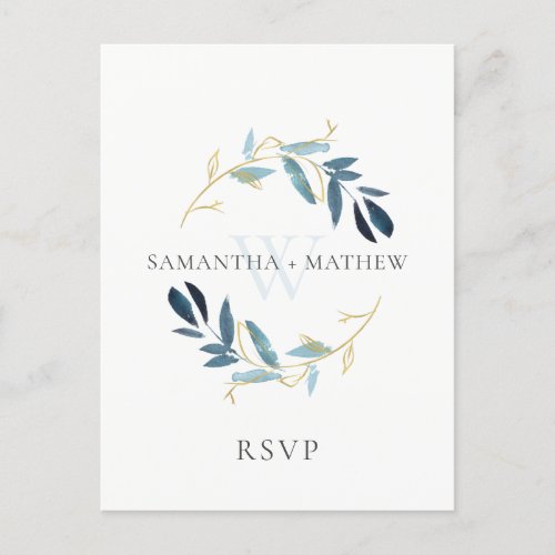 GOLD BLUE FOLIAGE WATERCOLOR WREATH WEDDING RSVP POSTCARD