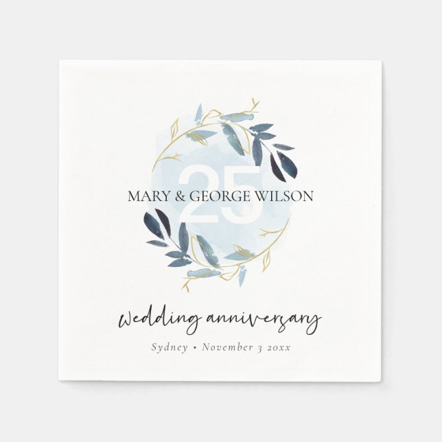 GOLD BLUE FOLIAGE WREATH ANY YEAR 25 ANNIVERSARY NAPKINS (Front)