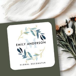 GOLD BLUE FOLIAGE WREATH PROFESSIONAL MONOGRAM SQUARE STICKER