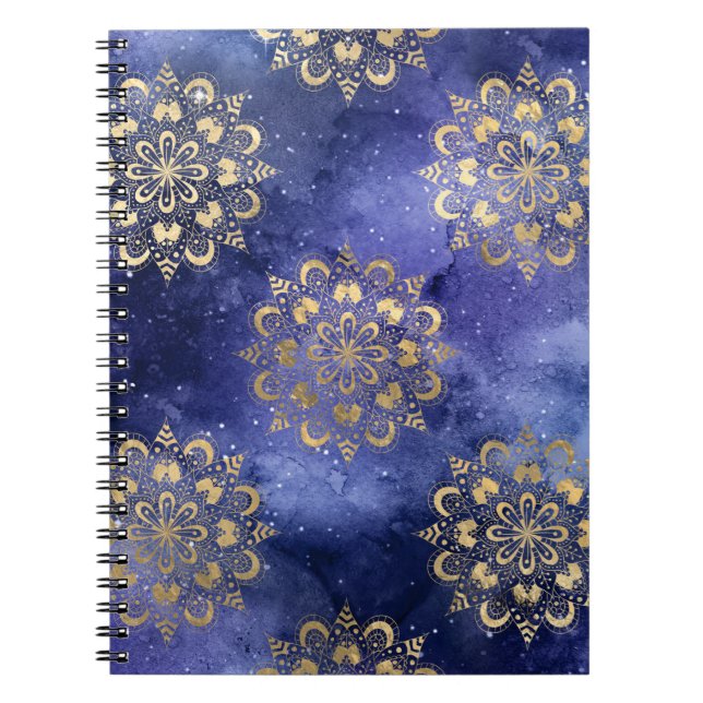 Gold & Blue Galaxy Dharma Mandala Pattern Notebook (Front)