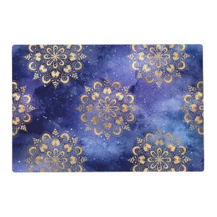 Gold & Blue Galaxy Dharma Mandala Pattern Placemat