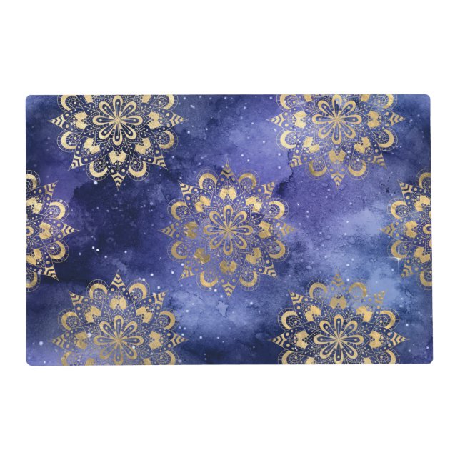Gold & Blue Galaxy Dharma Mandala Pattern Placemat (Front)