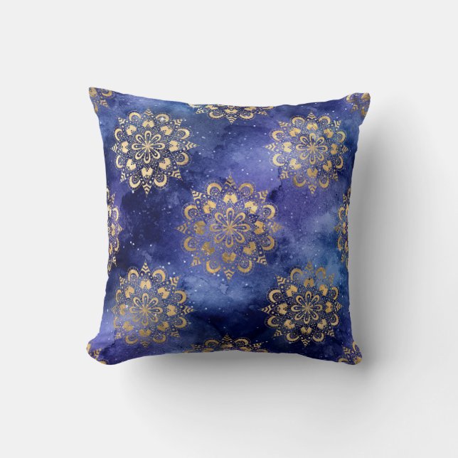 Gold & Blue Galaxy Dharma Mandala Pattern Throw Pillow (Front)