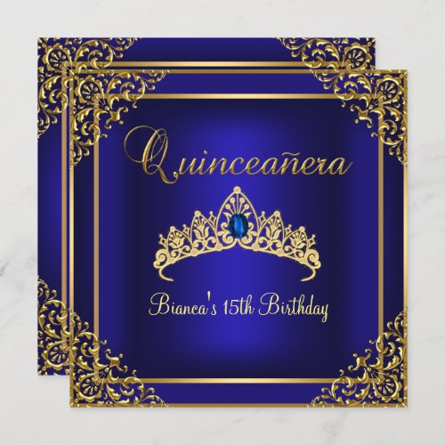 Gold  Blue Gem Tiara Quinceanera Invitation