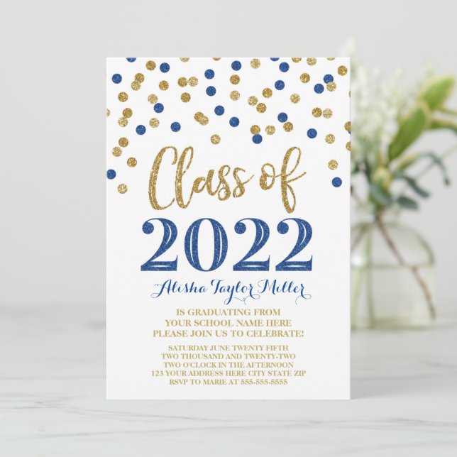 Gold Blue Glitter Confetti Graduation Party 2022 Invitation (Standing Front)
