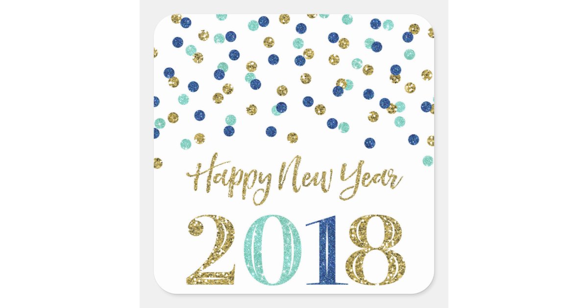 Gold Blue Glitter Confetti Happy New Year 2018 Square Sticker
