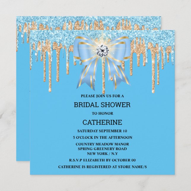Gold blue glitter diamond bow shimmer lights chic invitation (Front/Back)