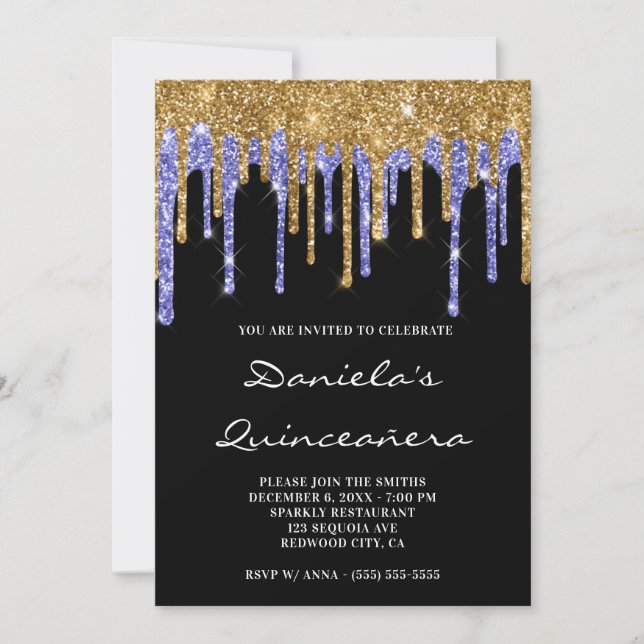 Gold Blue Glitter Drips Black Quinceañera Invitation (Front)