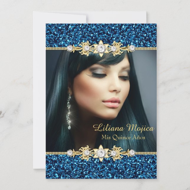 Gold Blue Glitter & Jewel Bow Quinceanera Invitation (Front)