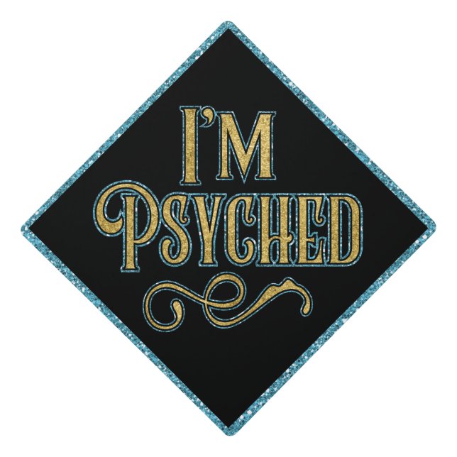 Gold Blue Glitter Psychology Graduation Graduation Cap Topper (Front)