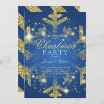 Gold & Blue Glitter Snowflake Xmas Holiday Party Invitation
