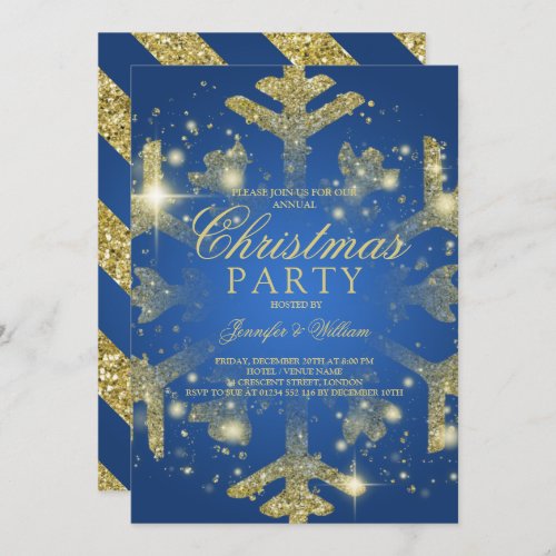 Gold  Blue Glitter Snowflake Xmas Holiday Party Invitation