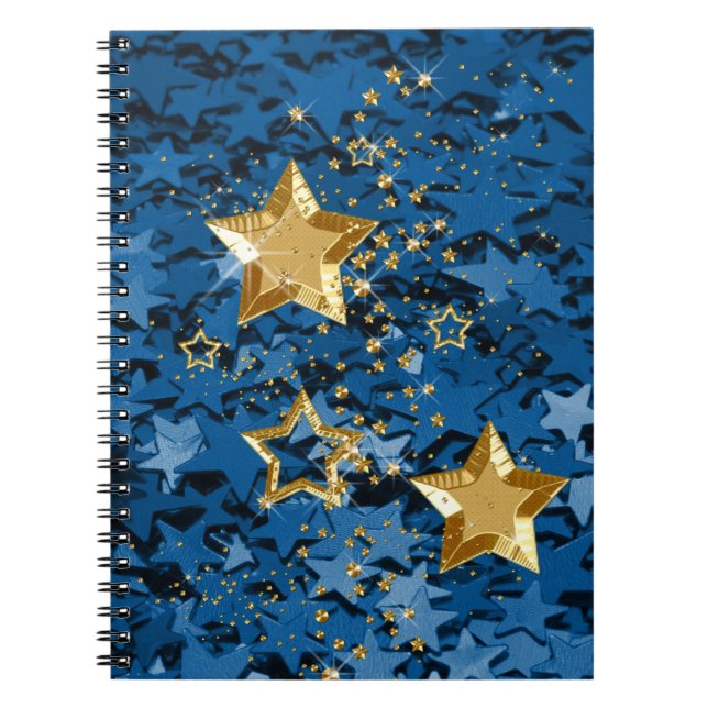 Gold & Blue Glitter Stars Spiral Notebook (Front)
