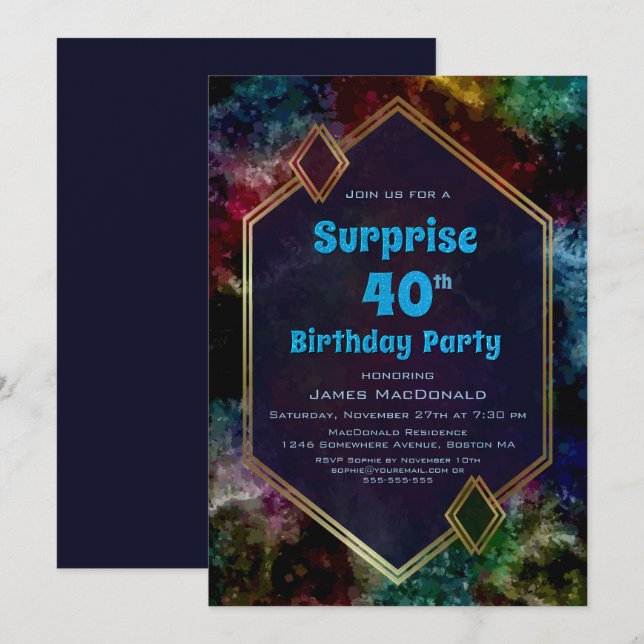 Gold Blue Glitter Surprise 40th Birthday Party Invitation (Front/Back)