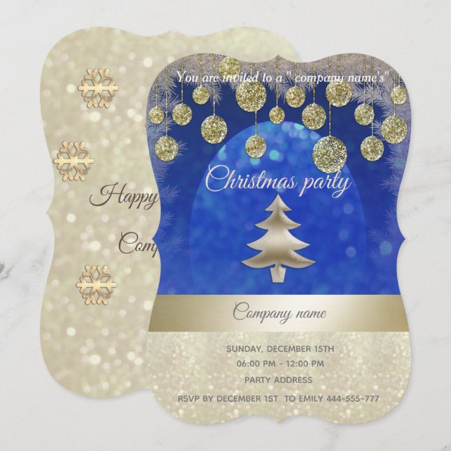 gold/blue glittery corporate Christmas party Invitation (Front/Back)