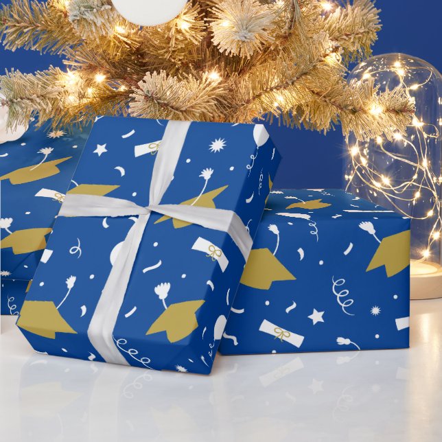 Gold blue Graduation Cap Toss Wrapping Paper (Holidays)