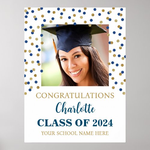 Gold Blue Graduation Party Custom 18x24 Photo Poster